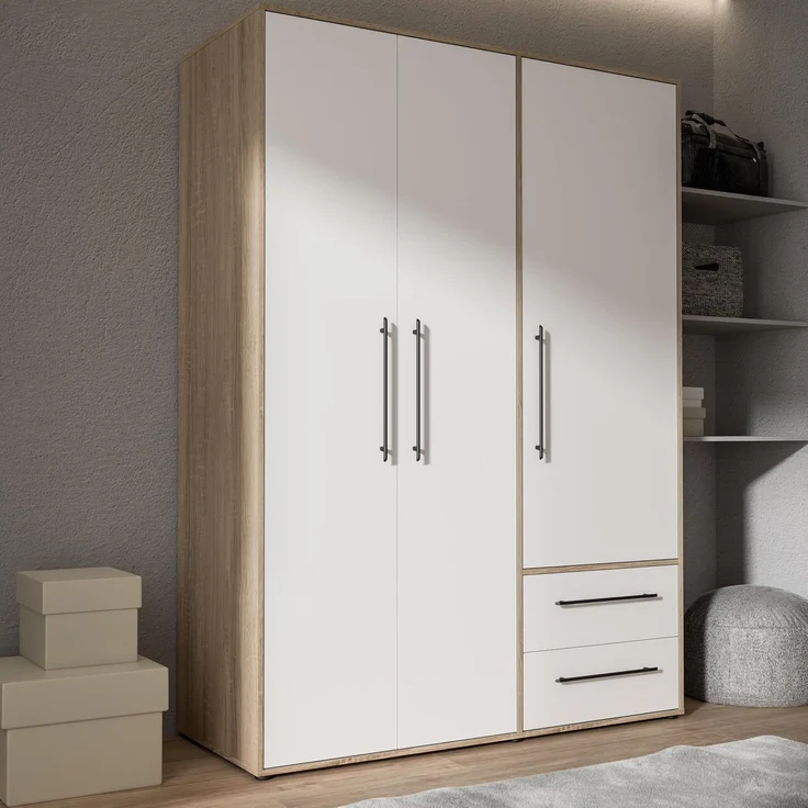 Forte Kleiderschrank MOKKARIS - Schlafzimmer Drehtürenschrank in Weiß (120) / Sonoma Eiche (D30) – Bild 2