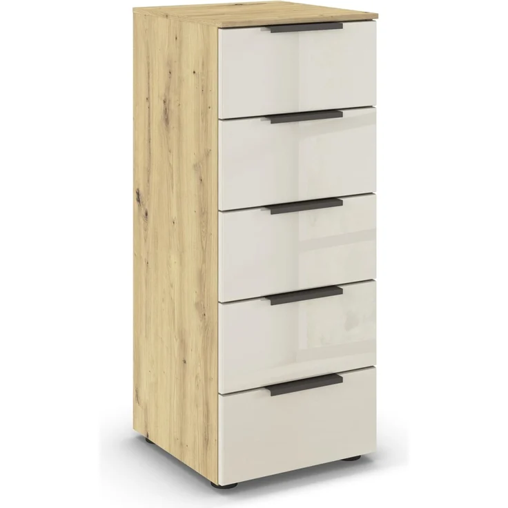 Rauch Möbel Flipp, Kommode für Schlafzimmer, Kinderzimmer, Wohnzimmer, Jugendzimmer, Flur, Garderobe, 5 Schubladen, mit Softclose Funktion, Farbe Eiche Artisan, Holz/Glas Beige, Breite 40 cm