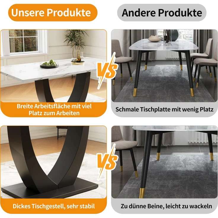 140 x 75.5cm Esstisch,(1-St), moderner Küchentisch, Gestell aus Metall Rechteckiger Esstisch aus Moderner Marmormuster Küchentisch mit verstellbaren Füßen für Esszimmer Wohnzimmer, Weiß/Schwarz – Bild 6
