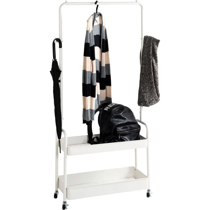 Haku Rollgarderobe aus weiß pulverbeschichtetem Stahlrohr mit Metall-Ablagen und Rollen, 85x31x155 cm – Bild 3