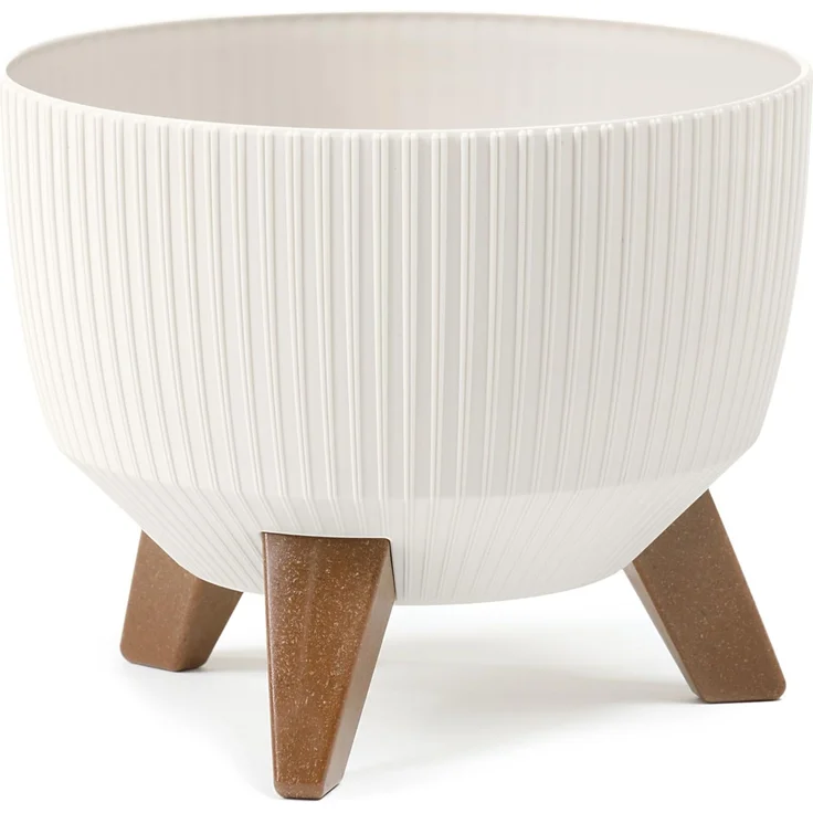 LAMELA Runder Blumentopf mit stivollen Füßen - Moderner Kunststofftopf mit Streifen - Ø 24 cm x H 15 cm, 5,1 L - Wetterfest & pflegeleicht - Für Innen & Außen - Creme