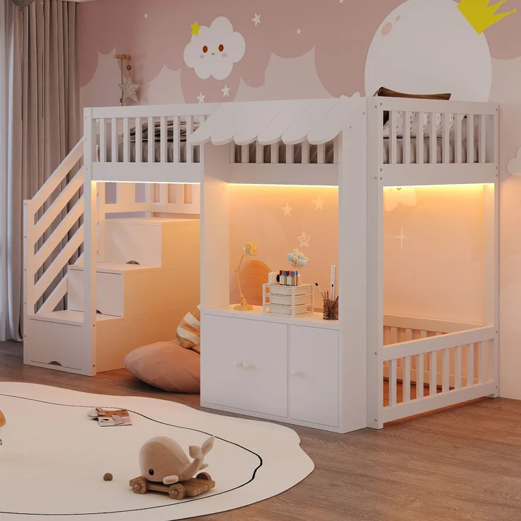 EINHOM Holz-Hochbett 90 x 200 cm mit Stauraumschrank und Stauraumtreppe, Massivholz + MDF, Mehrfarbiger LED-Lichtleiste, Traufendesign, Lattenrost, Einzelbett, Weiß (Ohne Matratze) – Bild 5