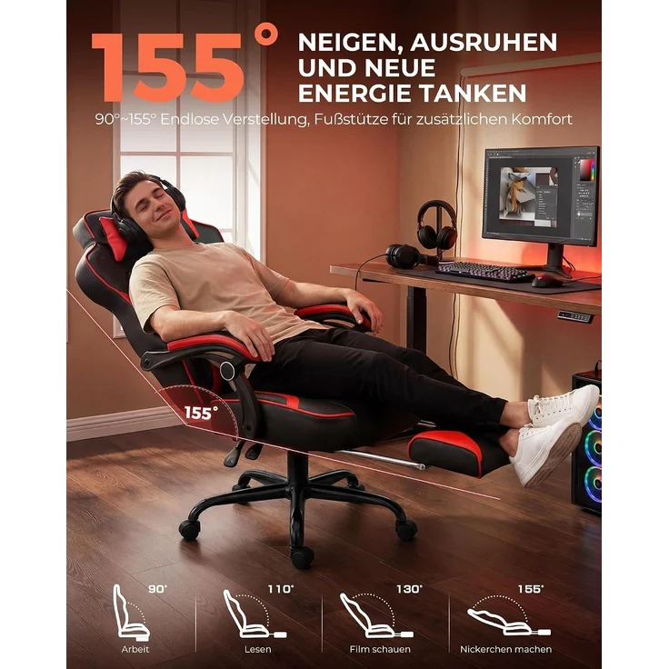 GTPLAYER Gaming Stuhl mit Fußstütze, Ergonomischer Bürostuhl 180kg, Schwerlast Gaming Sessel mit Lendenwirbelstütze und Kopfstütze, Höhenverstellbarer Computerstuhl, Gepolstert, neigbare 155°, ROT – Bild 4