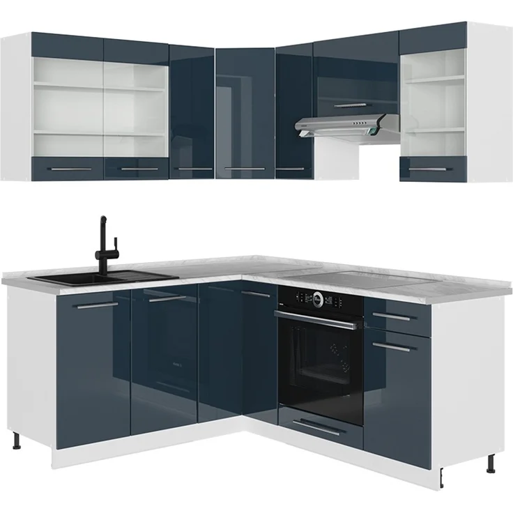 Eckküche Fame-Line Dunkelblau Hochglanz/Weiß 190 x 160 cm ohne Arbeitsplatte Vicco – Bild 1
