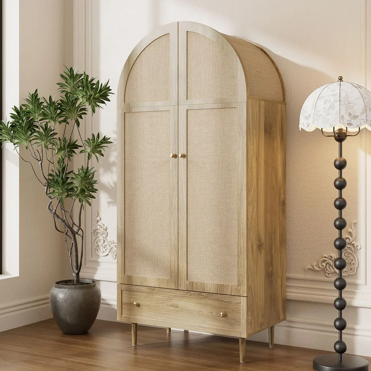 DESVIAE Garderobenschrank mit Stofftüren und Schubladen 79x175x50 cm MDF Eichenoptik – Bild 3