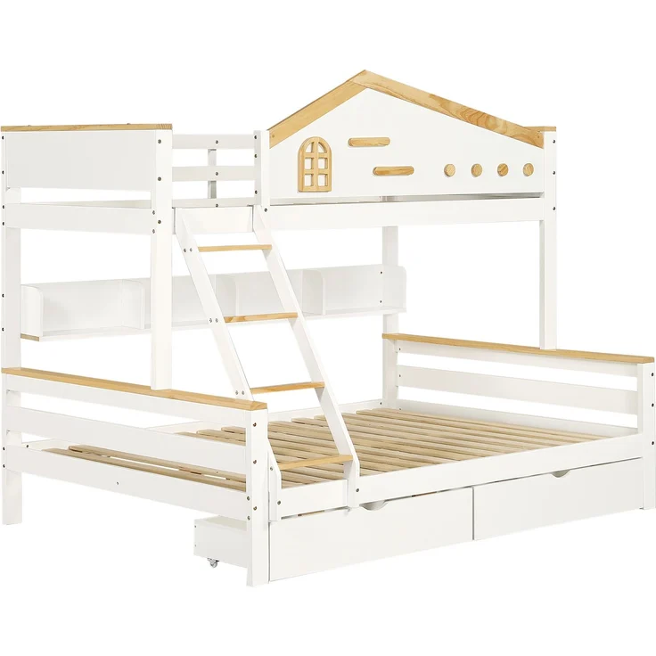 Etagenbett 90×200 & 140×200 – Offenes Regal, 2 Schubladen, vierstufige Schrägleiter, rundum Fallschutz,Massivholz & MDF – Weiß & Natur – Bild 9