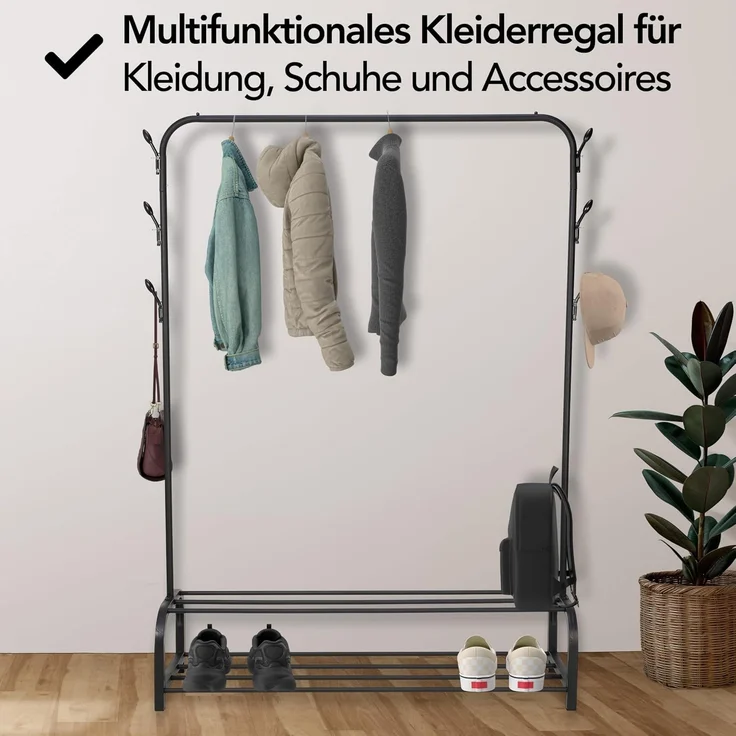 Brixy Garderobenständer - Garderobenständer - 102x34x152cm - Garderobenständer Mit Schuhregal - Industriell - Metall - Schwarz – Bild 5