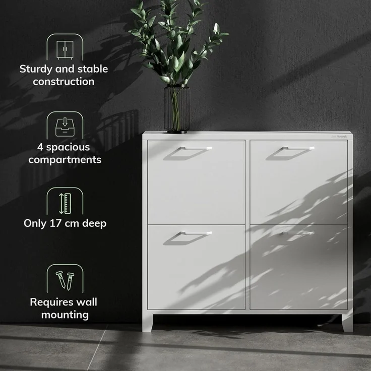 Jan Nowak Schuhschrank SHIRLEY Schuhschrank Schmal Metall Stahl 96x90x17cm 4 Fächer (Stahl 0,6mm, 4 Klappen, Kippschutz, Dübel inklusive) Wandmontage Magnete Dämpfer Pulverbeschichtet Modern – Bild 4
