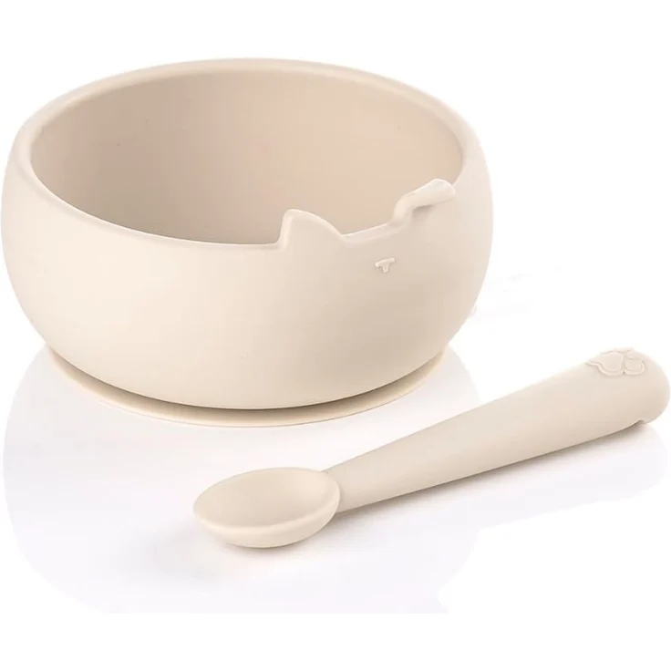 Jané Silikon Baby Schüssel mit Saugnapf und Löffel, BPA-frei, Mikrowellengeeignet, Baby Geschirr Set, Beige
