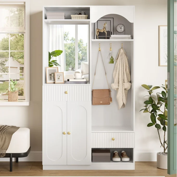 DESVIAE Garderobenschrank mit Sitzbank, Spiegel und LED-Beleuchtung 100x180x35 cm MDF Weiß – Bild 2