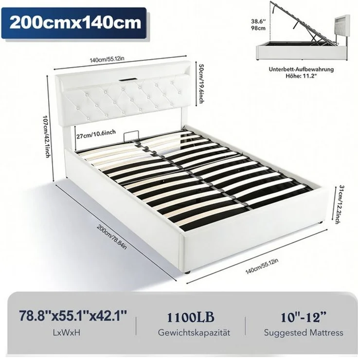 oyajia Polsterbett Doppelbett mit Steckdosen & LED Beleuchtung,Hydraulischem Stauraum (Funktionbett mit Hydraulikstange,Tragfähigkeit: 365kg, Strapazierfähig,Metallrahmen), Bettgestell mit Lattenrost,Leinenmaterial Polsterbett, ohne matratze – Bild 4