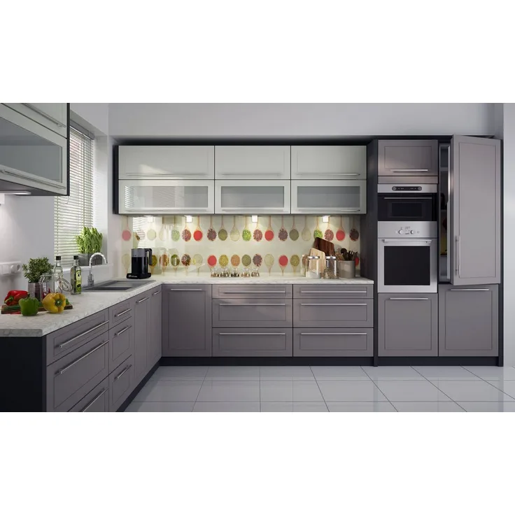 L-Form Küchenzeile KVANTUM Küchenblock 250x385cm lava Front vanille beige matt Teilauzug