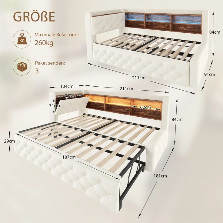EINHOM 90 x 190 cm Schlafsofa Bettgestell Ausziehbar, Samt, Sofa mit Stauraum-Armlehne, Holz-Kopfteil Ablage, LED Licht, USB & Typ-C, Lattenrost, für Wohnzimmer & Gästezimmer, Beige (Ohne Matratze)