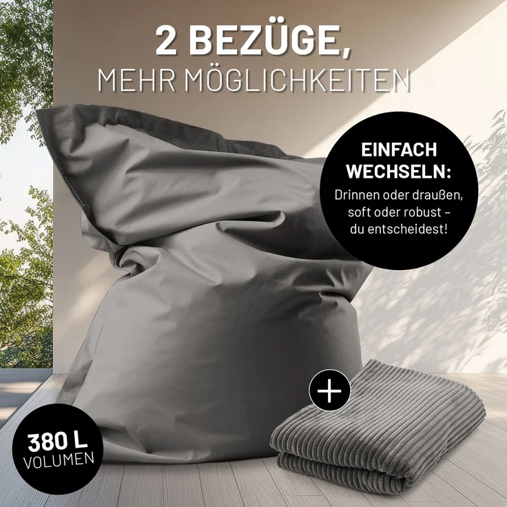 Lumaland Sitzsack Classic XXL All-in-One Set | Riesen Sitzsack XXL mit Cord & Outdoor Bezug für drinnen & draußen | Sofa Sessel mit im Innensack sicher verpackter EPS-Füllung – Hüllen Easy wechselbar – Bild 4