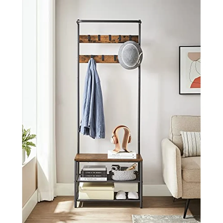 Vasagle Garderobenständer mit 9 abnehmbaren Haken und Sitzbank, Holzwerkstoff vintagebraun / schwarz, 32,2 x 64 x 180 cm – Bild 6