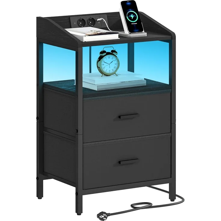 Nachttisch mit LED-Leuchten und Ladestation, Beistelltisch mit 2 Stoff-Schubladen und Regalen, mit USB-Anschlüssen & Steckdosen, für Schlafzimmer, Wohnzimmer, Schwarz – Bild 2