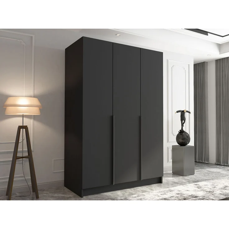 Mirjan24 'Cikzori' Kleiderschrank mit Einlegeböden und Kleiderstange, 3-türig, Laminatplatte, 215 x 58 x 150 cm, Schwarz / Schwarz, ohne Spiegel – Bild 3