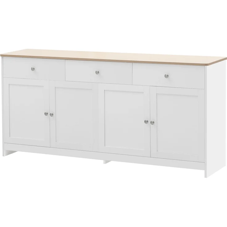 DESVIAE Sideboard mit 3 Schubladen und 4 Türen 160x75x37 cm MDF Weiß/Holzfarbe – Bild 8