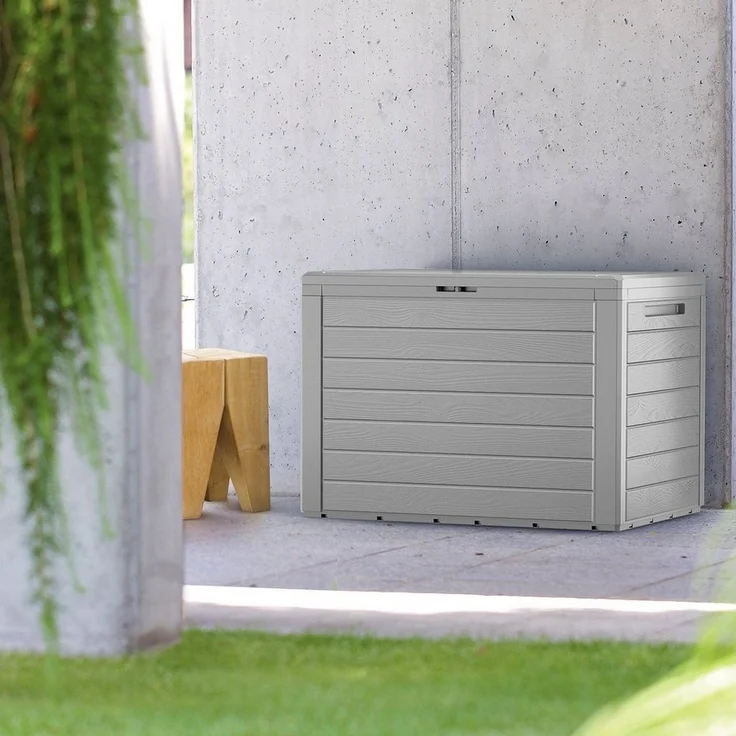 Casaria Auflagenbox Lille (1 St), Balkonbox Holzoptik Stecksystem Griffmulden Abschließvorrichtung Grau – Bild 2
