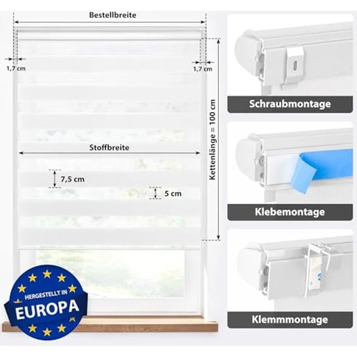 Doppelrollo Doppelrollo, 32,5 x 120 cm, weiß, jalousiescout, blickdicht, mit Bohren/ohne Bohren, freihängend, Klemmen, Kleben und Schrauben OHNE Aufpreis, Lichtdurchlässig, Klemmträger, Feuchtraumgeeignet – Bild 2