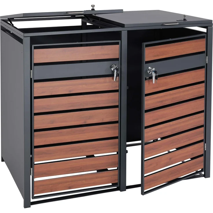 2er Mülltonnenverkleidung HWC-J81, Mülltonnenbox, erweiterbar, Metall 50kg, anthrazit ~ Kirsche-Holzoptik dunkelbraun – Bild 9