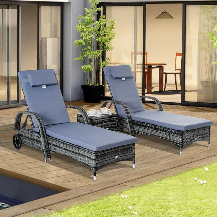 Outsunny Gartenlounge-Set 3er-Set, Polyrattan+Metall, (Liege, 3-tlg, Sonnenliege), Stabile Bauweise, Für Outdoor gemacht – Bild 2