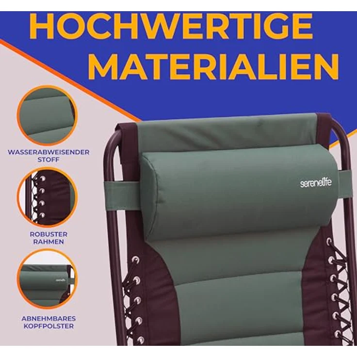 SereneLife Gartenliege, Liegestuhl, Sonnenliege klappbar mit Stufenlos verstellbare Positionen, Kopfstütze & Getränk & Handyhalter, Liegestuhl Garten, Relaxliege aus rostfrei Stahlramen, Grün – Bild 8