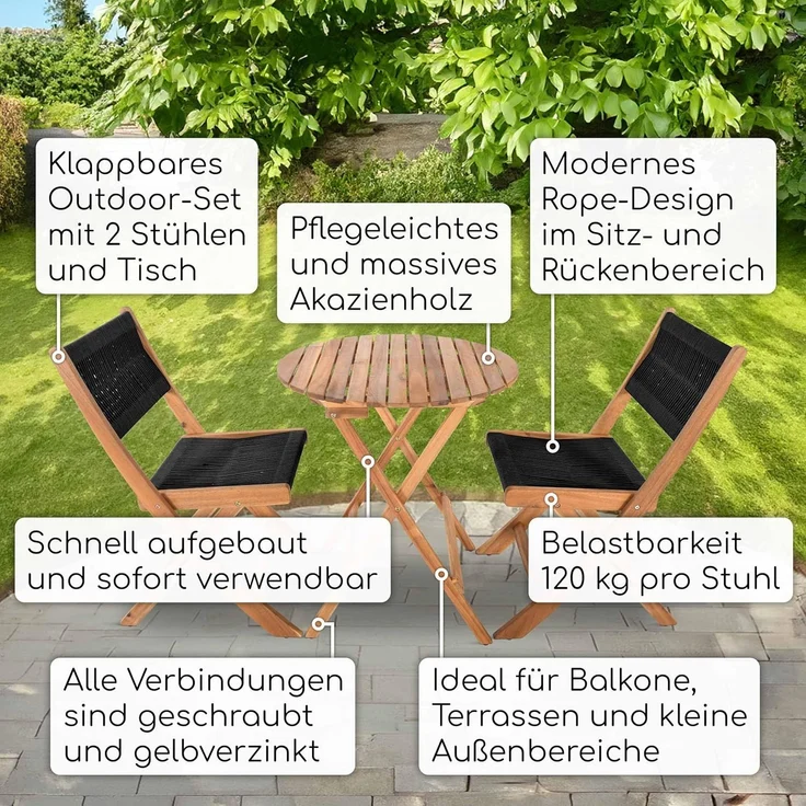Raburg Balkonset Sitzgruppe Garten Holz wetterfest, Bistrotisch & 2 Stühle, Lanzarote, (Set), klappbares Bistroset, runder Tisch mit 60 cm Durchmesser – Bild 3