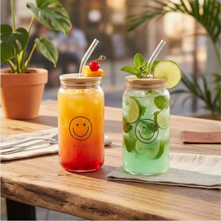 Levandeo® Glas, 2er Set Glas Deckel Strohhalm 500ml Be Happy Smiley Bambusholz – Bild 4