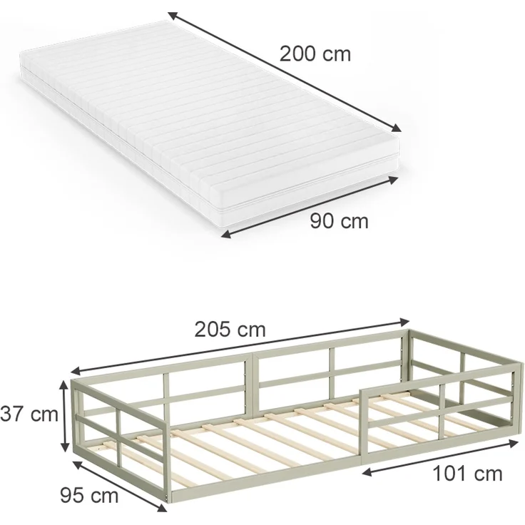 Bodenbett aus Metall Minno Greige 90x200 mit Matratze Vitalispa – Bild 2