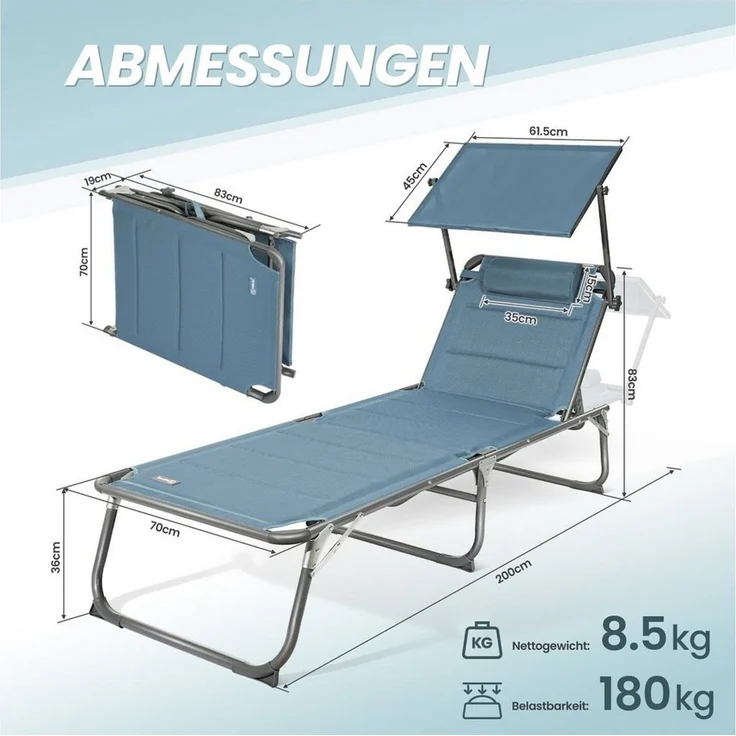 Homecall Sonnenliege mit Dach, schnell trocknender Schaumstoff, XXL, 200x70 cm - (Blau) – Bild 4