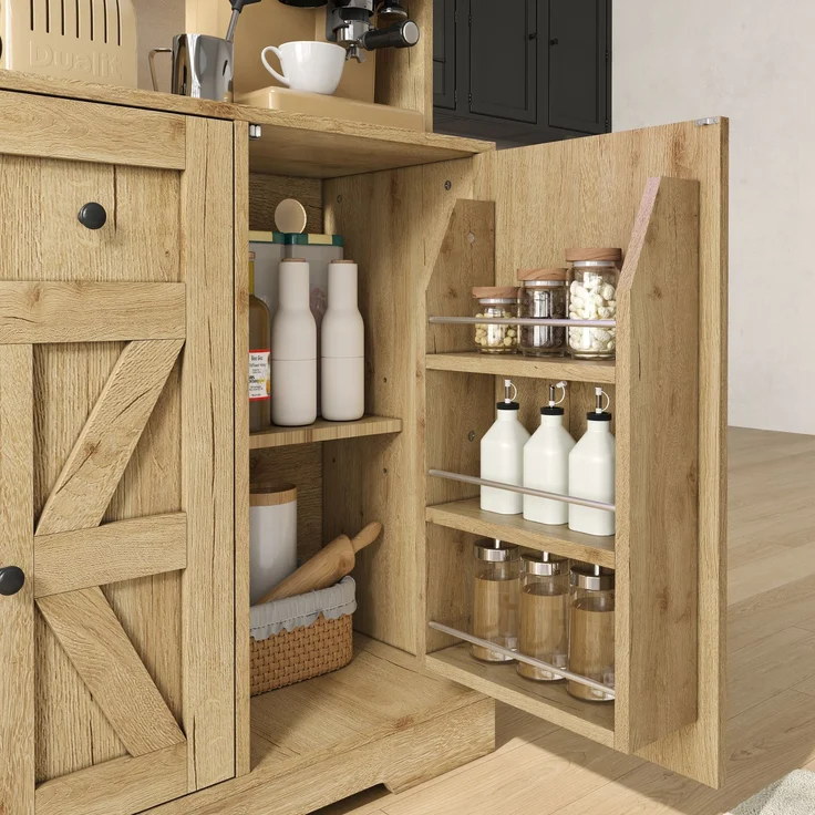 Küchenschrank, hoher Schrank mit LED-Beleuchtung und Steckdosen, Vorratsschrank mit Acrylglastüren, Weinregalen und Weinglashaltern, Vitrinenschrank für Wohnzimmer & Esszimmer, 140 × 40 × 173 cm--Natürlich--140x40x173cm--YOUDENOVA – Bild 10