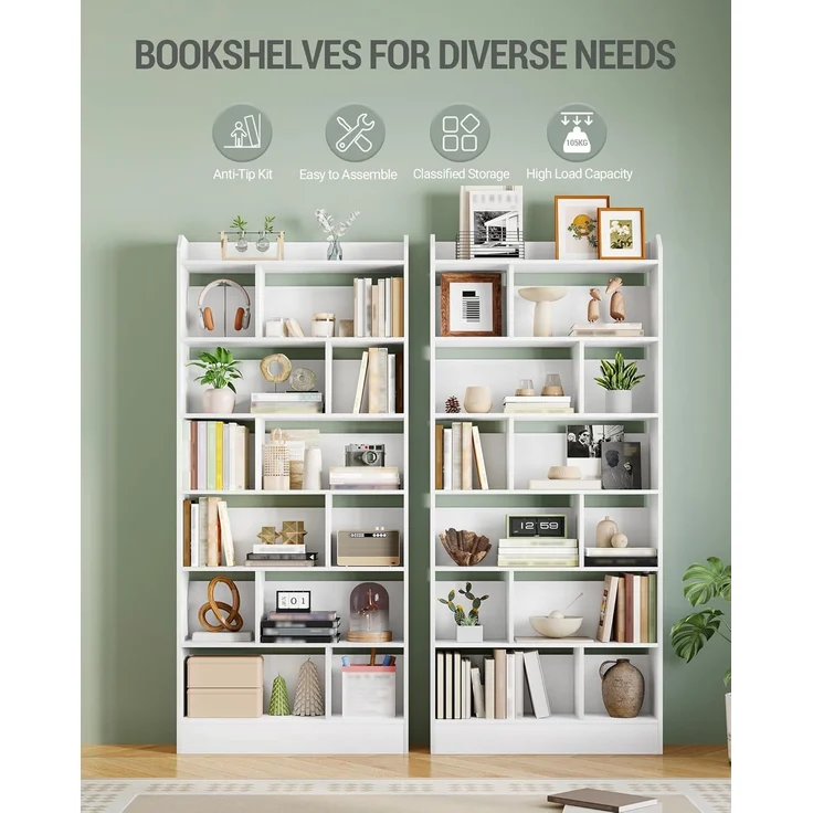 Bücherregal, Bücherschrank, mit 7 Fächern, Aufbewahrungsregal, Standregal, für Wohnzimmer, Büro, Schlafzimmer, 24 x 80 x 199 cm, Weiß – Bild 5