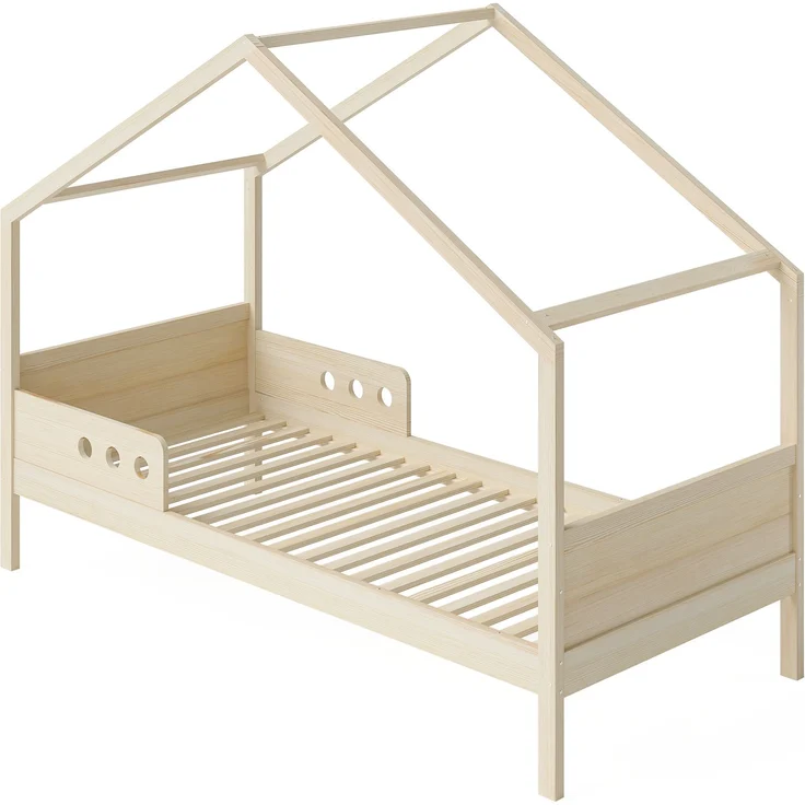 Bellabino 'Bela' Hausbett 90x200 cm mit Matratze, natur, Kiefer Massivholz, Montessori Kinderbett mit Rausfallschutz und Lattenrost – Bild 2