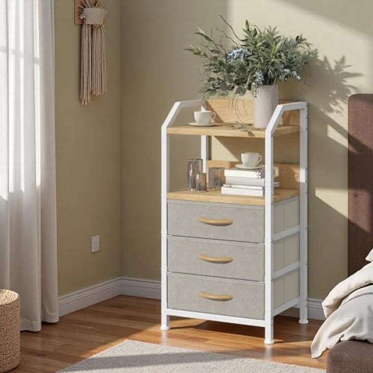 Feonase Nachttisch mit 3 Stoff-Schubladen, Kleine Kommode & Beistelltisch, 2-Fach MDF-Nachtschrank mit offenem Fach, moderner Side Table für Schlafzimmer, Wohnzimmer, Khaki – Bild 6