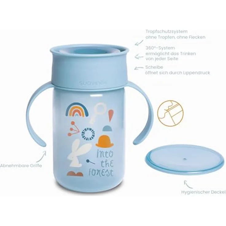 SUAVINEX Trinkbecher für Babys, mit Griffen und Auslaufschutz, für Babys + 12 Monate, spülmaschinenfest, blau, 340 ml, 401195 – Bild 3