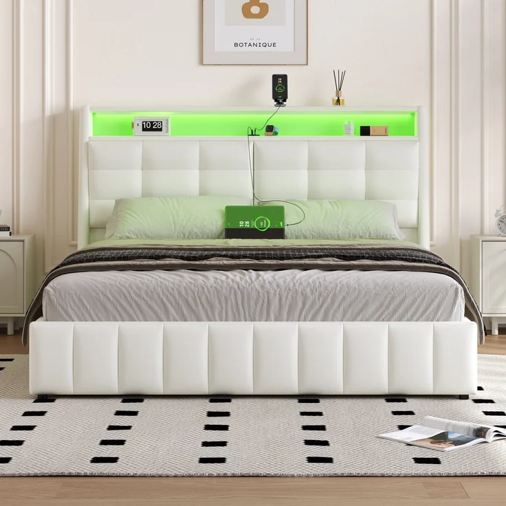 Gepolstertes Plattformbett, LED-Licht USB-Anschluss Stauraum unter dem Bett verstellbare Kopfteilkissen, Polsterstoff, Weiß, 160 x 200 cm – Bild 4