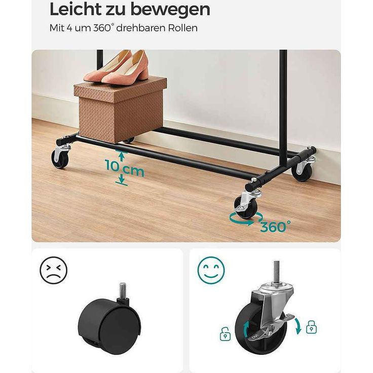 SONGMICS Schwerlast-Kleiderständer, 2er Set, Garderobenständer auf Rollen, bis 90 kg belastbar, mit ausziehbarer Kleiderstange, zusammenklappbares Unterteil, Ablage für Boxen, schwarz – Bild 5