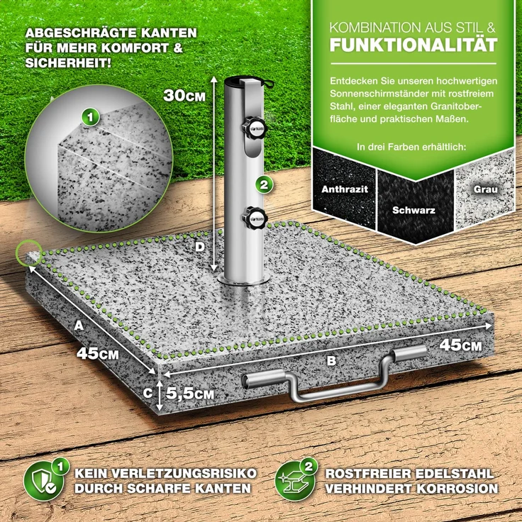 tillvex® Granit Sonnenschirmständer mit Rollen & Transportgriff Grau - 27 kg Eckig | Schirmständer Sonnenschirm mit Edelstahlrohr | Balkonschirmständer für Schirmstöcke 16-48 mm & 250 cm Schirmdurchmesser – Bild 2