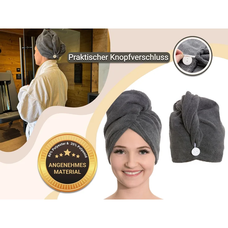 ZOLLNER 2er Set Haarturban / Kopfhandtuch, Mikrofaser, anthrazit, 65 cm lang – Bild 4