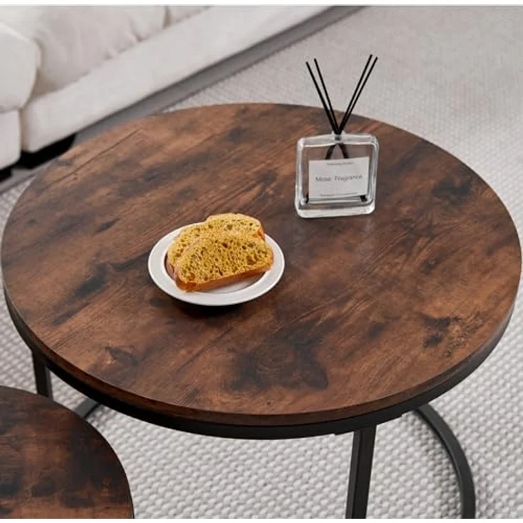 GrandCA HOME Couchtisch 2er Set,Stapelbarer Couchtisch, Couchtische Rund, MDF-Tischplatte, Schwarze Tischbeine aus Edelstahl，Geeignet für Wohnzimmer, Esszimmer（Ø60x45H cm，Ø40x35H cm，Dunkle Eiche） – Bild 5