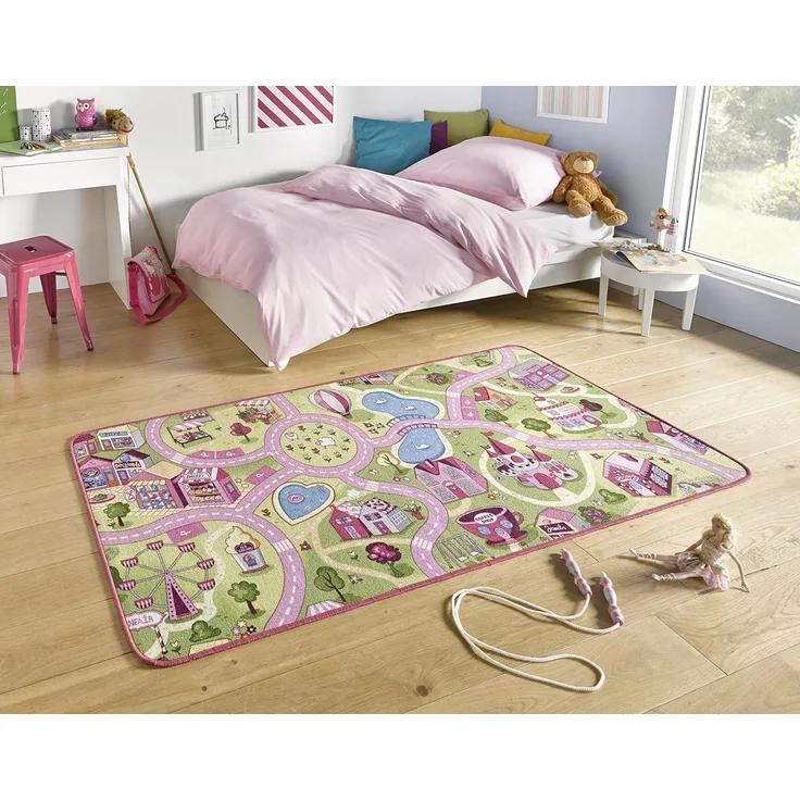 Kurzflor Straßen- Kinderteppich Sweettown rosa/bunt - 140x200x0,6cm