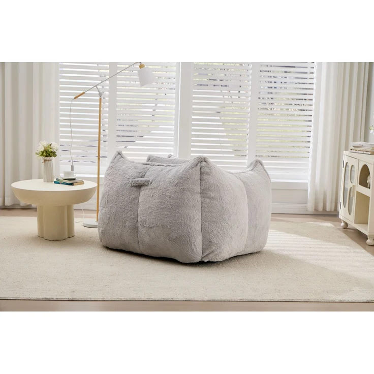 Großer Sitzsack-Sessel mit Kunstfellbezug und Kissen, weicher Loungesitz mit Schaumstoffflocken ohne Montage für Wohnzimmer, Grau – Bild 23