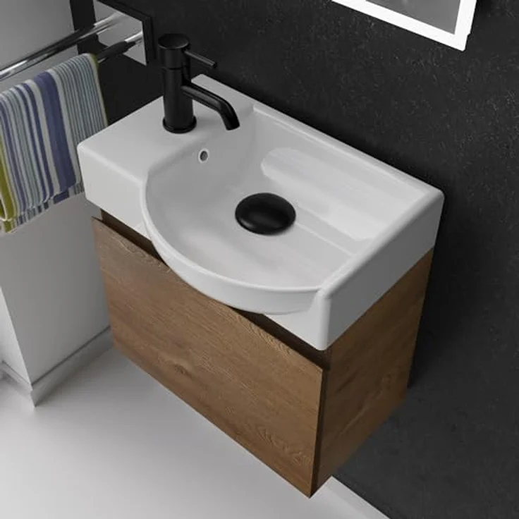 Alpenberger Badmöbel-Set - Gäste WC Waschbecken mit Unterschrank 45 cm Breit, (Badschrank 2-tlg, Waschtisch hängend), Waschbeckenunterschrank mit Softclose - Farbe Eiche - Rechts Becken – Bild 4