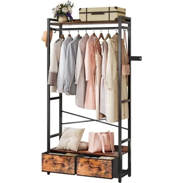 Yorbay Kleiderständer Garderobenständer mit 2 Schubladen & Aufbewahrungsbox,84x30x181 cm, 180kg Traglast,Retro Design für Schlafzimmer, Flur