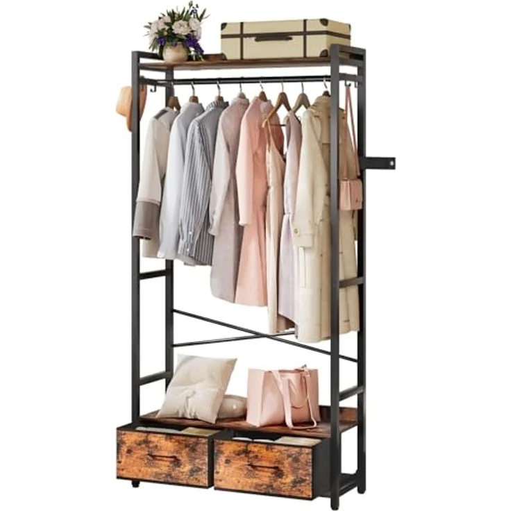 Yorbay Kleiderständer Garderobenständer mit 2 Schubladen & Aufbewahrungsbox,84x30x181 cm, 180kg Traglast,Retro Design für Schlafzimmer, Flur – Bild 1