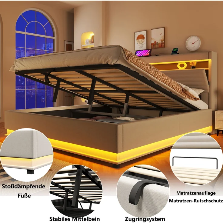 Merax Polsterbett, 180x200 cm, Doppelbett Mit USB Typ-C Ladefunktion, LED-Beleuchtung, Hydraulische Lagerung, Flip-Top-Aufbewahrungsfach, Ohne Matratze, Leinen, Beige – Bild 6