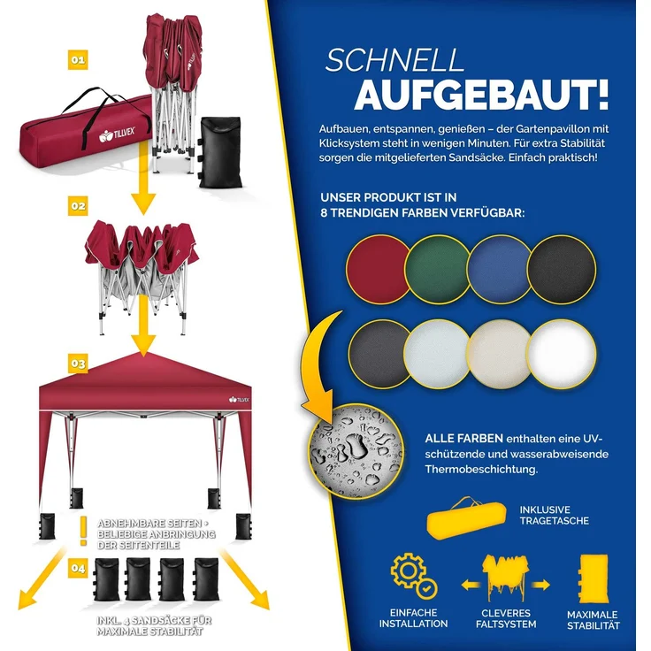 tillvex Pavillon 3x3m wasserdicht Rot | Pop-Up Faltpavillon höhenverstellbar | Gartenzelt UV Schutz 50+ | Partyzelt mit Tasche für Garten – Bild 10