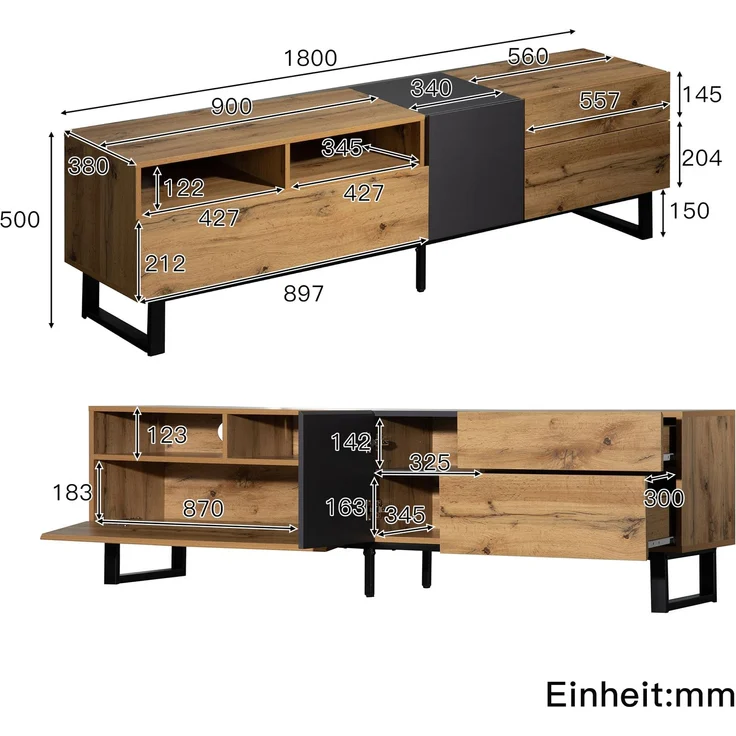 TV-Schrank 180 cm Eiche und Anthrazit, modernes Lowboard mit Flügeltür, Schubladen und offenen Fächern – Bild 5