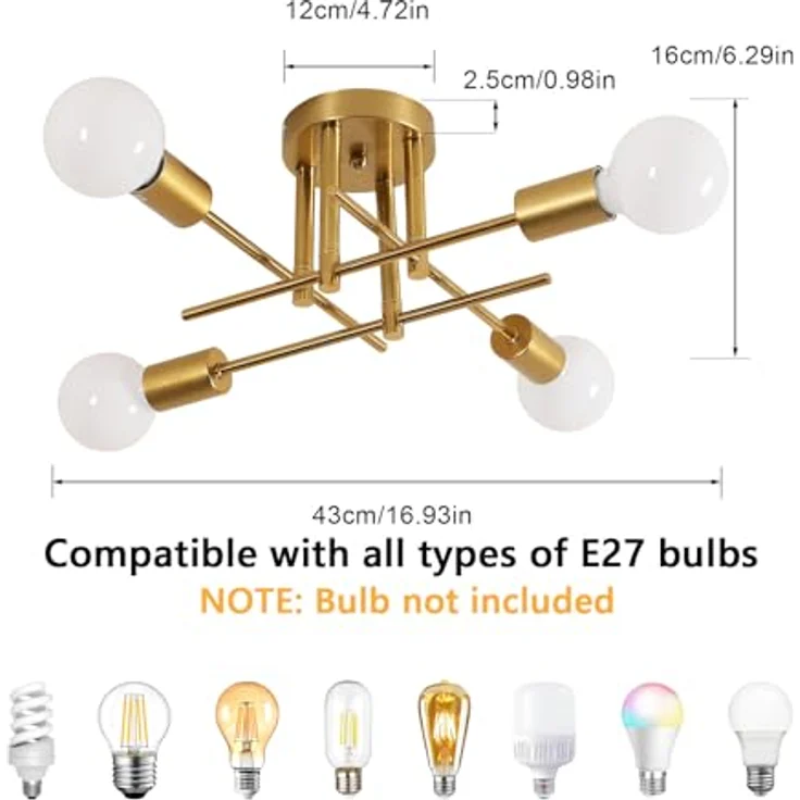 Goeco Gold Deckenleuchte Kronleuchter Vintage, Metall Deckenlampe E27 Lampenfassung 4 Flammig, Industrial Pendelleuchte für Schlafzimmer, Wohnzimmer, Esszimmer, Küche, 43 CM – Bild 3